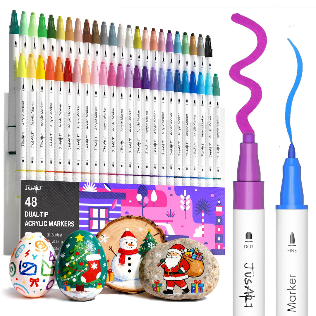 JusArt Acrylstifte für Steine Wasserfest 48 Farben Acryl Marker mit Punkt und Feinspitze für Steine