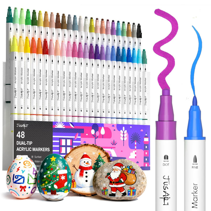 JusArt Acrylstifte für Steine Wasserfest 48 Farben Acryl Marker mit Punkt und Feinspitze für Steine