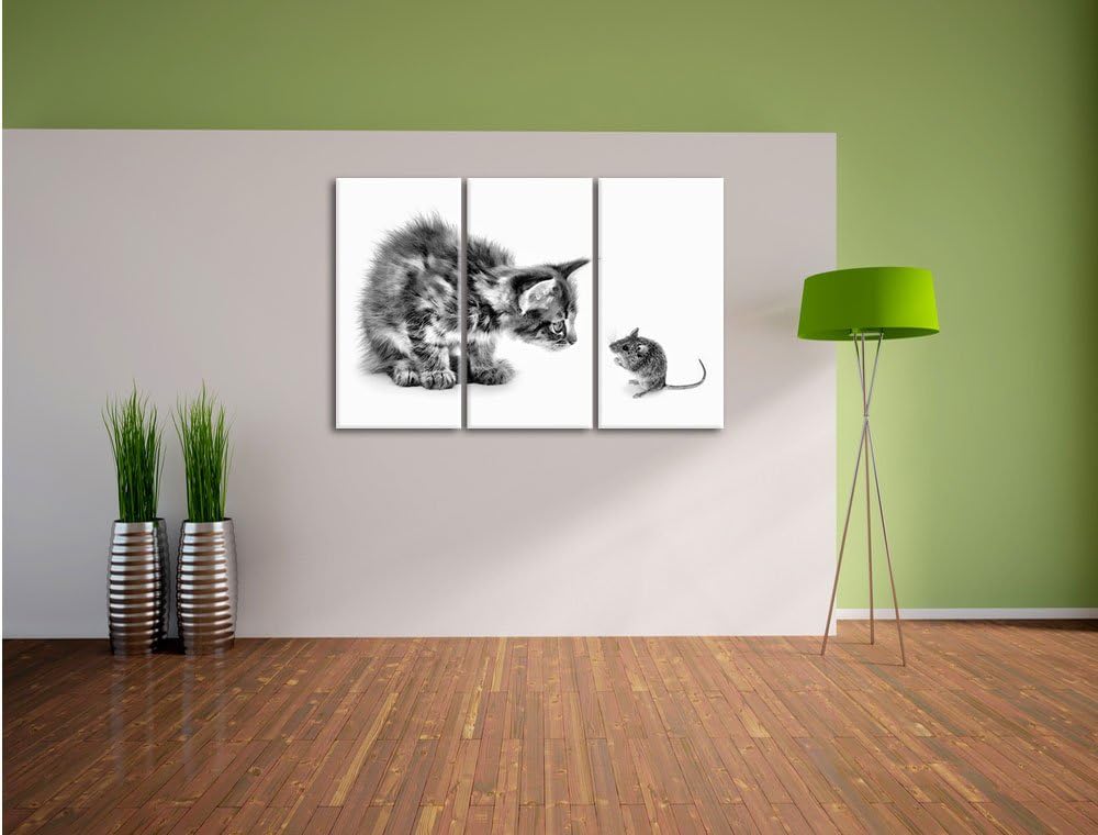 Pixxprint Katze und Maus Freunde als Leinwandbild/Grösse: 3 Teilig (120x80) cm/Wandbild/Kunstdruck/f