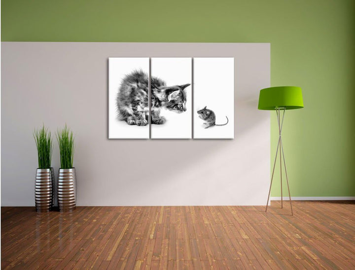 Pixxprint Katze und Maus Freunde als Leinwandbild/Grösse: 3 Teilig (120x80) cm/Wandbild/Kunstdruck/f