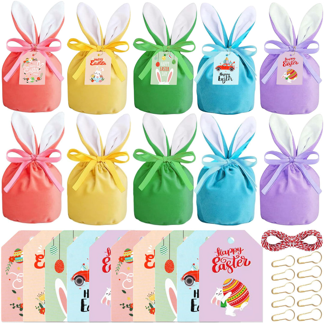 20 Stück Osterhasen Samtbeutel Set – 10 Samtsäckchen mit Ohren & 10 Geschenkanhänger, Dekorative Ost