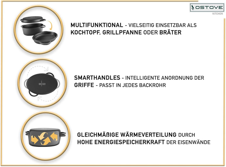 DREIZACK DREIZACK Gusseisenbräter mit Grilldeckel, multifunktionaler Gusseisentopf, Gusseisenpfanne,