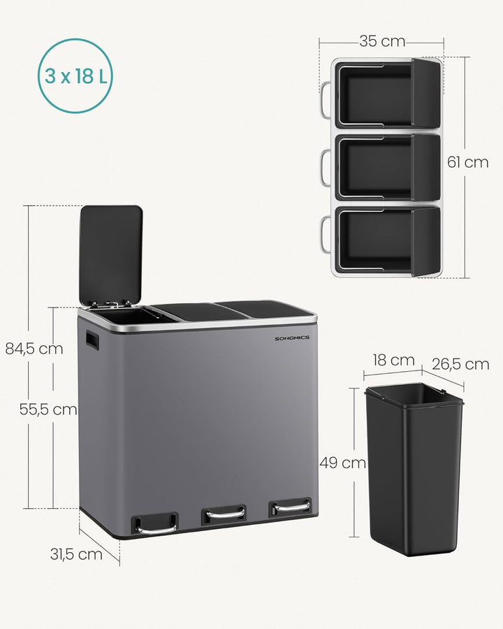 SONGMICS Mülleimer Küche, 3 x 18 L, Mülltrennsystem 3 Fächer, inklusive 15 Müllbeutel, Abfalleimer,