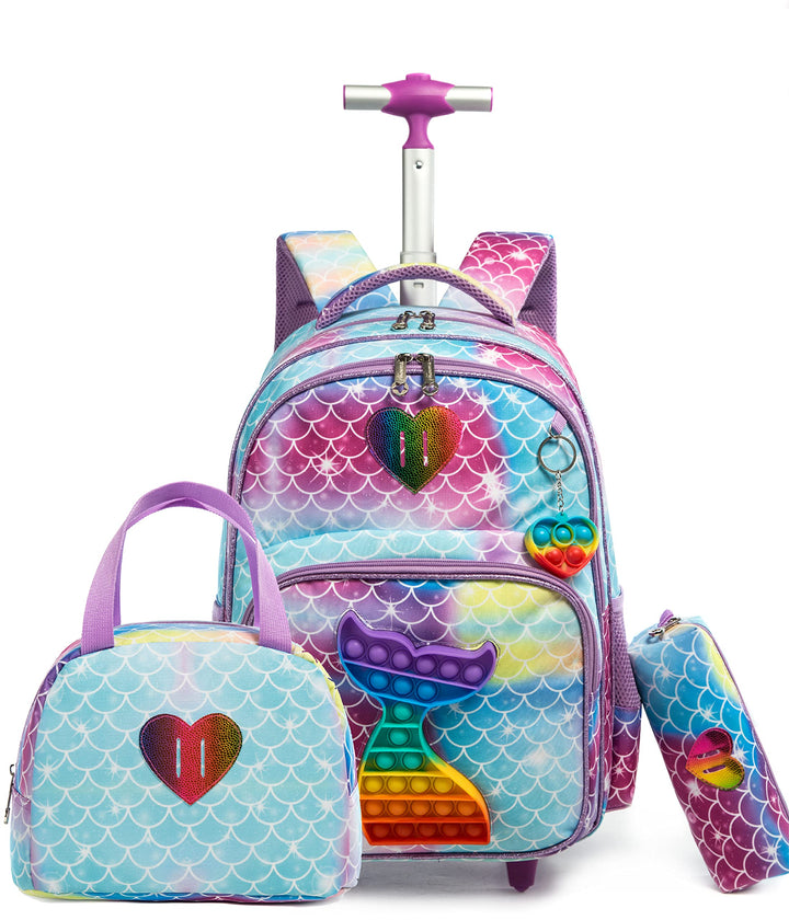 HTgroce Rollrucksack Schulranzen mit Rollen für Mädchen Pop it Rucksack 16 Zoll Set 3 in 1 mit Lunch