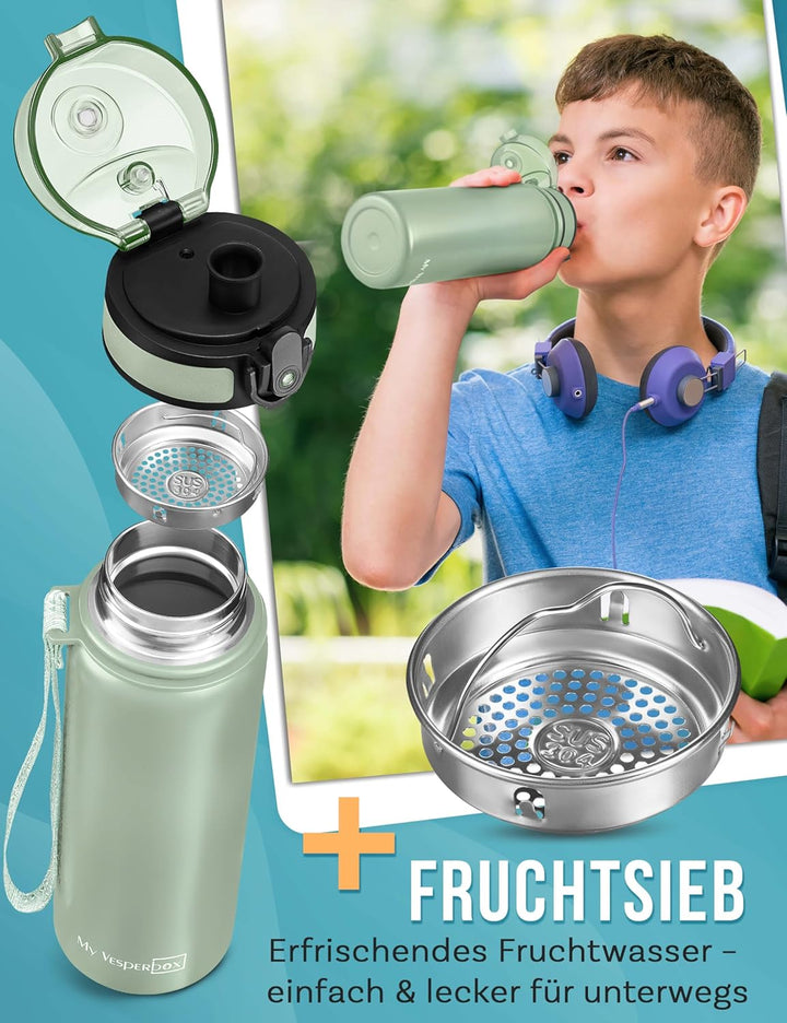 MY VESPERBOX® Edelstahl Thermosflasche Kinder [INK. STROHHALM & SIEB] - Isolierflasche für Jungen &