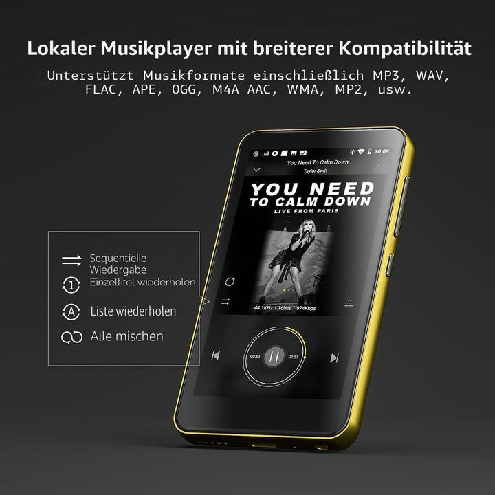 MP3-Player mit Bluetooth und WLAN, 4"-Voll-Touchscreen MP4 - mit Spotify, Android-Streaming-Musikpla
