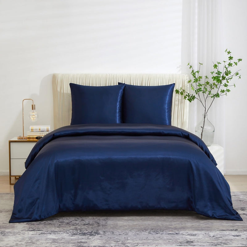 Luowei Bettwäsche Satin 135x200 2teilig Blau Dunkelblau Einfarbig Uni Glatt Glanzsatin Bettwäsche Se