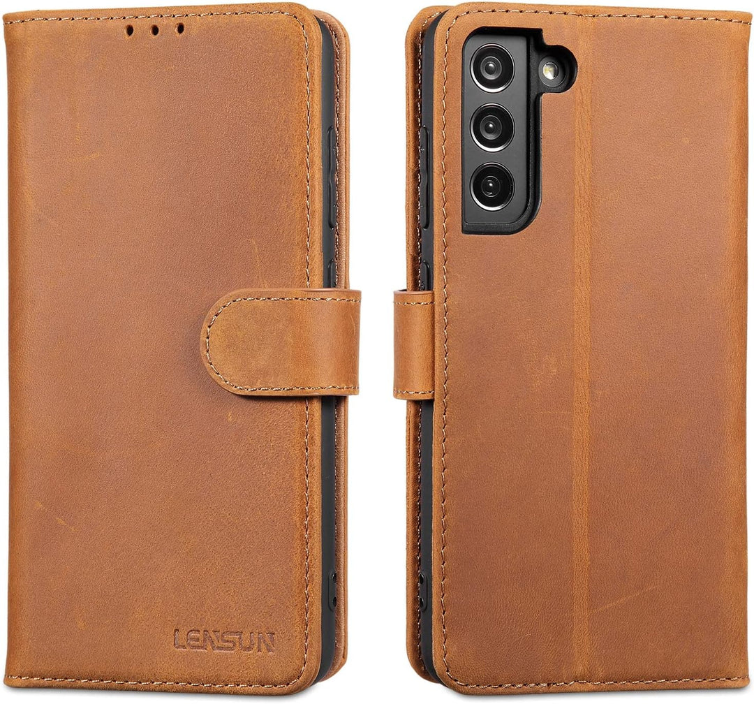 LENSUN Echtleder Hülle für Samsung Galaxy S21 FE 5G, Handyhülle Echt Leder [Kartenfach] [RFID Schutz