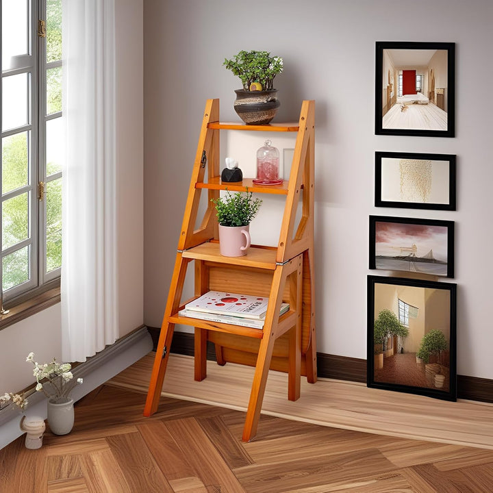 3-in-1 Holz Tritthocker Klappbar, 4 Stufen Leiterstuhl Multifunktionaler Klapptritt als Hocker &amp; Lei
