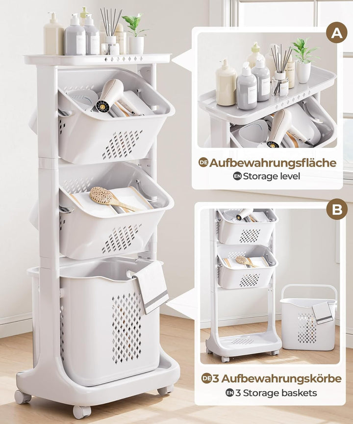 Yorbay Wäschekorb auf Rollen, Wäschesortierer mit 4 Stockwerke, 3 Aufbewahrungskörbe, Wäschesammler,