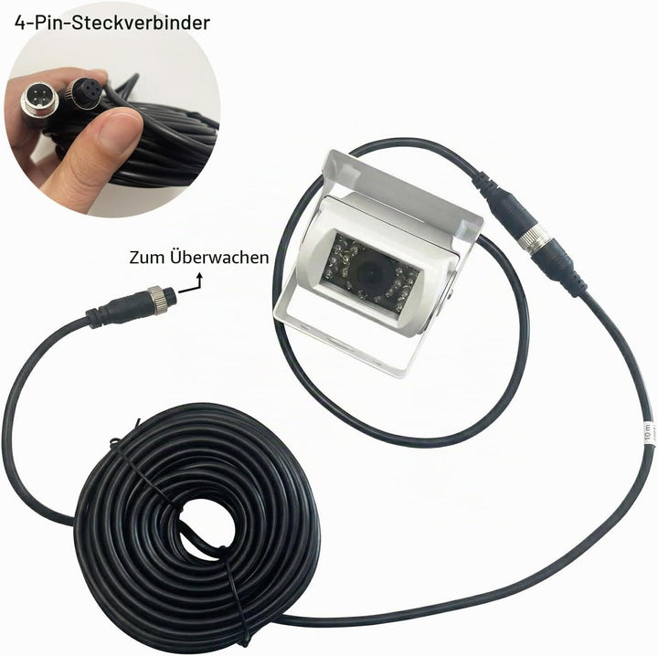 4-Pin Rückfahrkamera für LKW, 18 LEDs Nachtsicht, wasserdicht, 10 m Kabel | Weiss, Wasserdicht, IR N