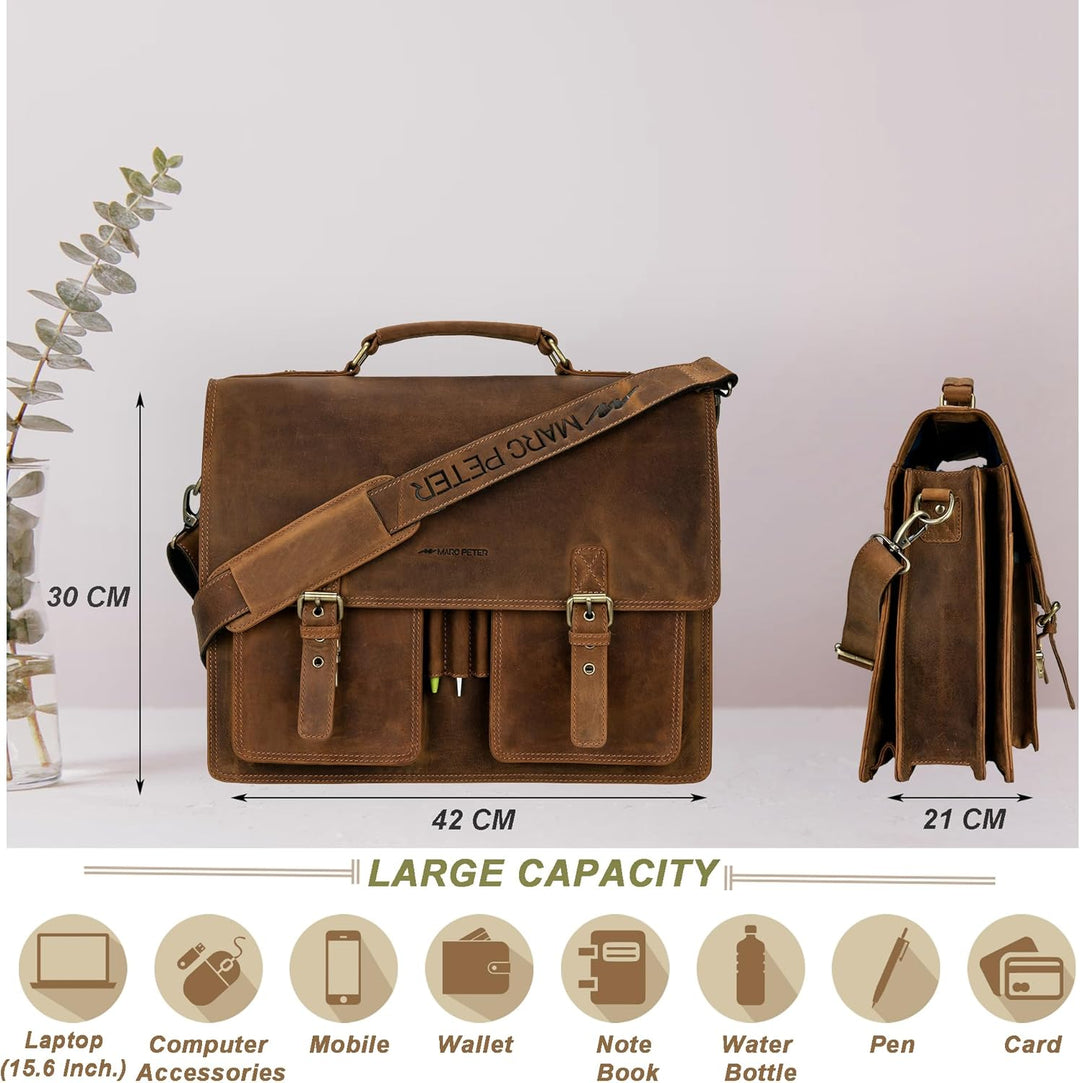 Marc Peter Amsterdam Aktentasche Leder XL Lehrertasche mit Laptopfach 15,6 Zoll grosse Ledertasche z