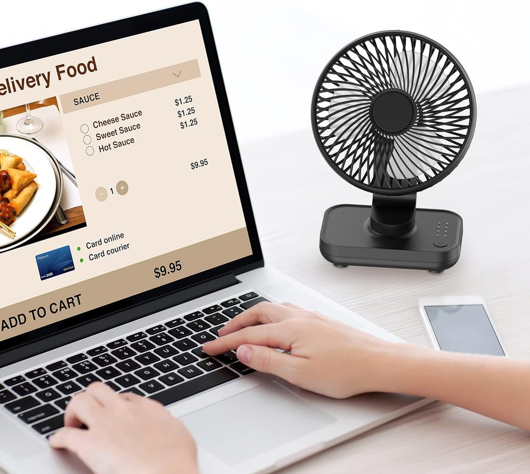 Joneytech USB Mini Ventilator, akku-betriebener Tischventilator mit 4000mAh und 4 Geschwindigkeiten,