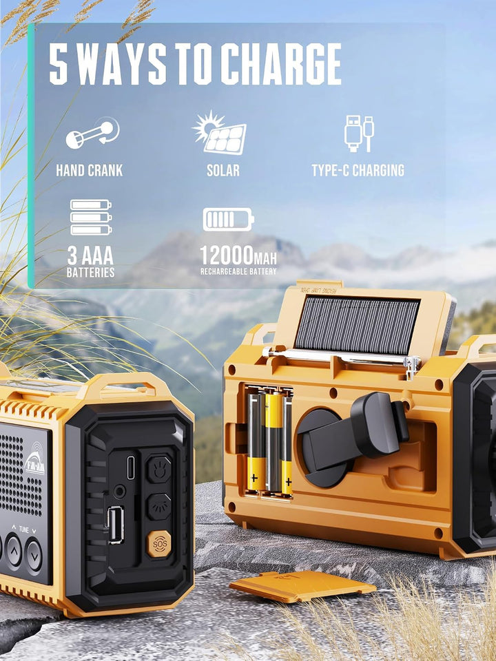 Notfallradio | 12000mAh Powerbank | Kurbelradio |Solar Radio mit Weltempfänger | AM/FM/SW, SOS, USB-