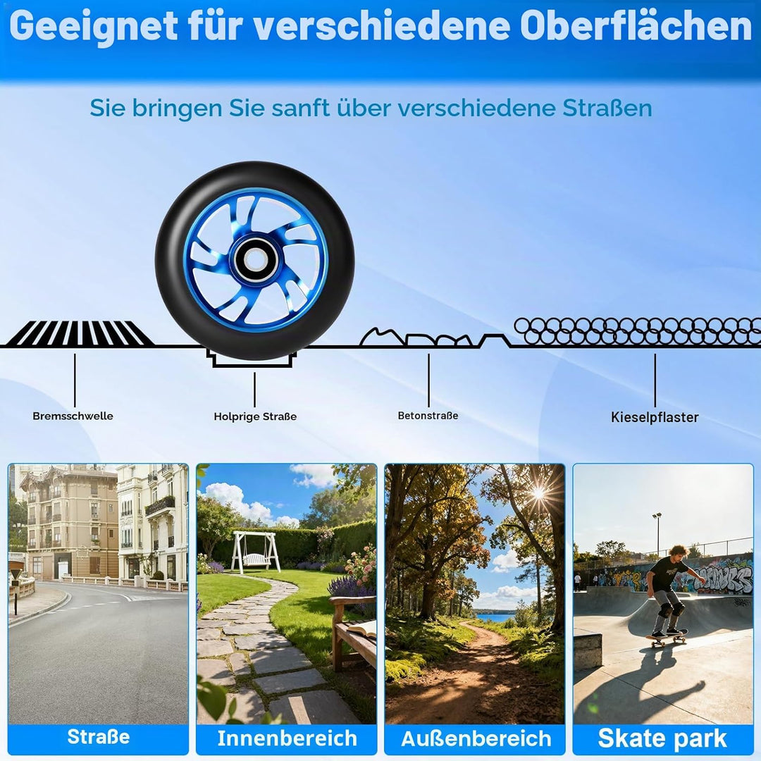 100mm Stunt Scooter Rollen Roller Reifen, 2 Stück Scooter Ersatzräder mit ABEC-9 Lagern, Härtegrad 8