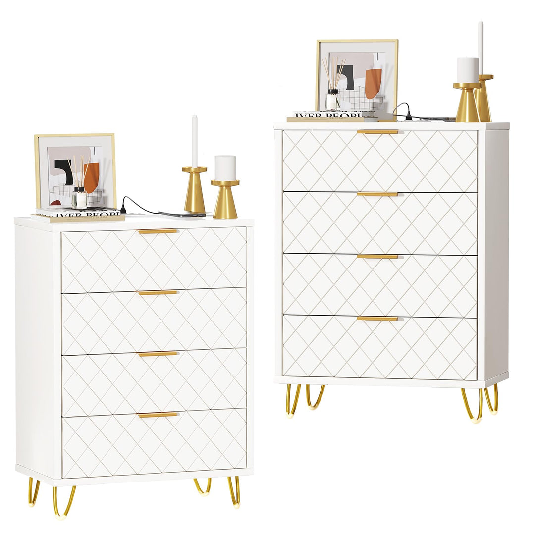 Nachttisch Weiss mit Ladestation, 2er Set, Nachtschrank mit 4 Schublade, 2 AC-Steckdosen, 2 USB-Ansc