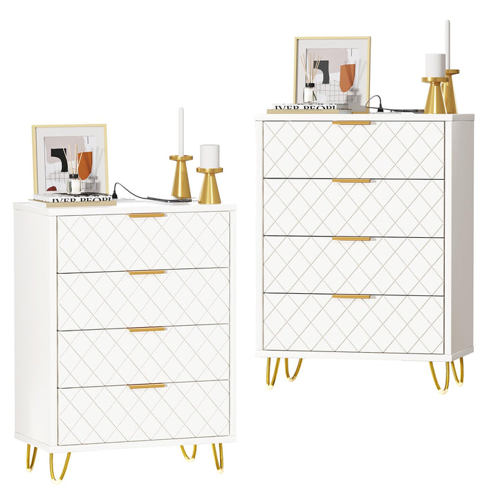 Nachttisch Weiss mit Ladestation, 2er Set, Nachtschrank mit 4 Schublade, 2 AC-Steckdosen, 2 USB-Ansc