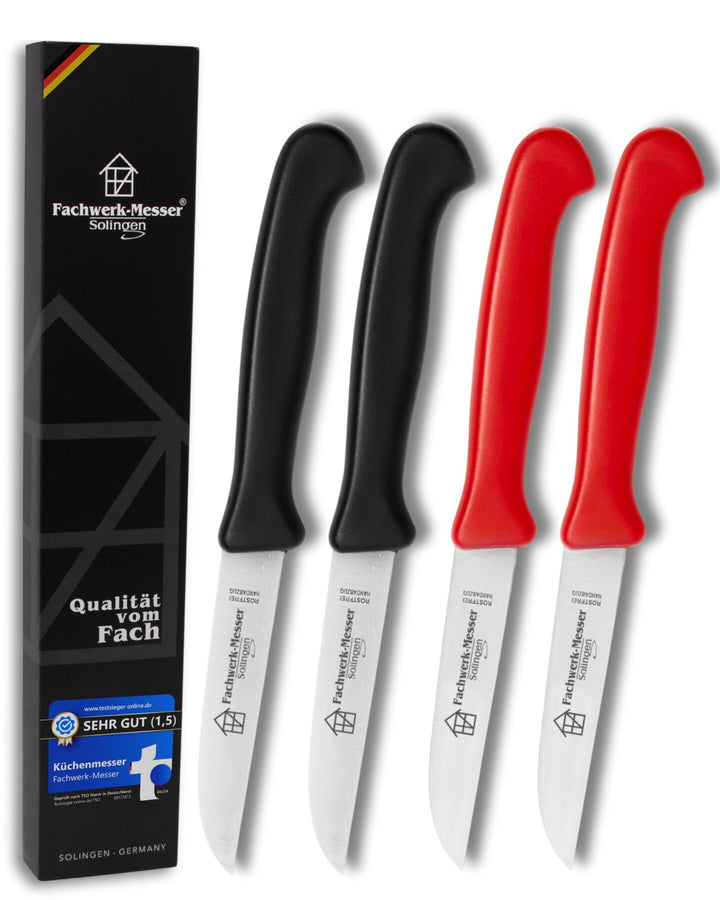 Fachwerk Gemüsemesser 4er Set – Küchenmesser aus Solingen, 7,5cm Klinge, 2x rot & 2x schwarz – schar