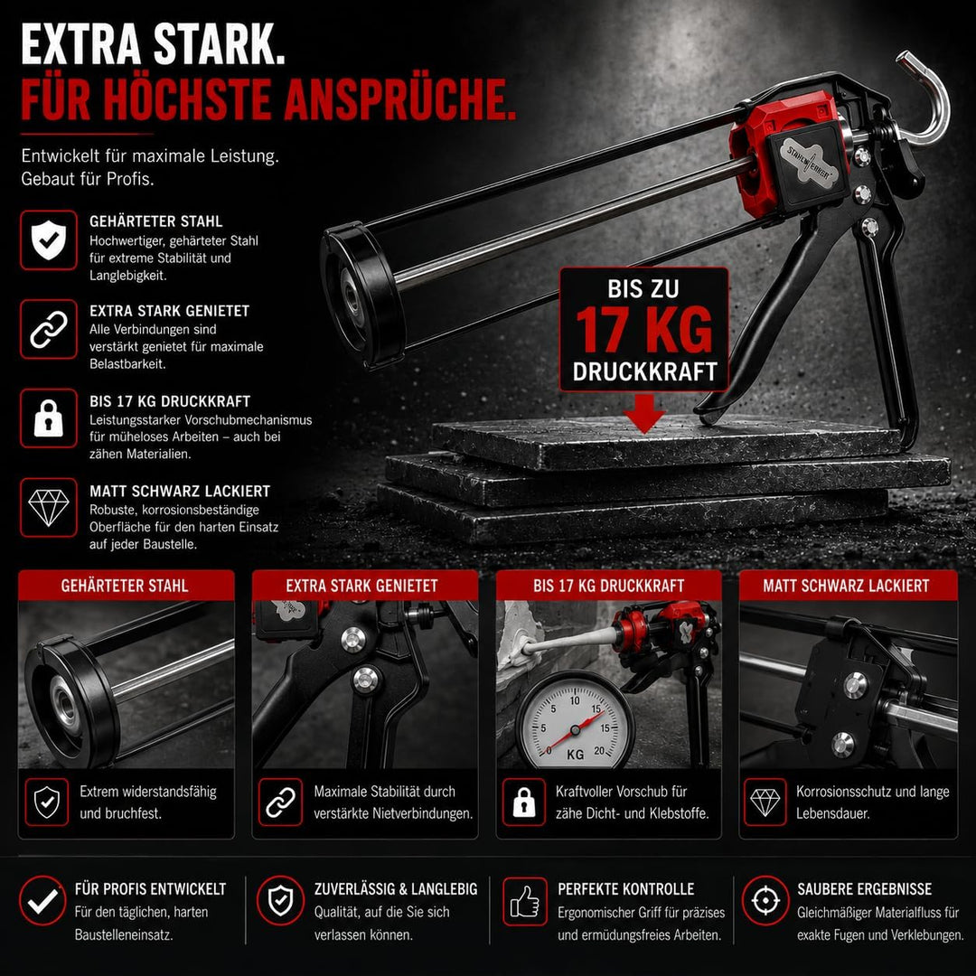 Profi Kartuschenpresse für Silikon &amp; Acryl 280–310 ml | 17 kg Auspresskraft • Matt Schwarz • Für Sil