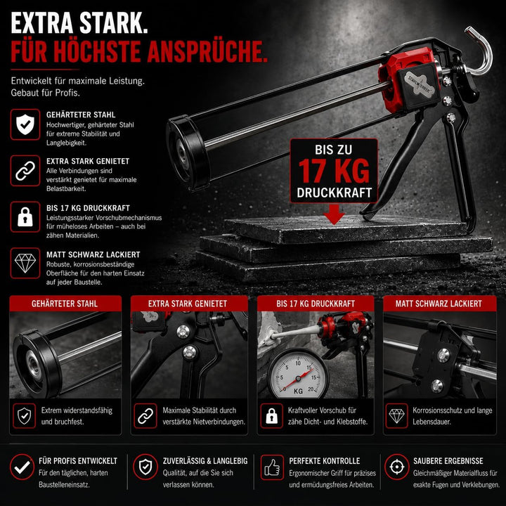 Profi Kartuschenpresse für Silikon &amp; Acryl 280–310 ml | 17 kg Auspresskraft • Matt Schwarz • Für Sil