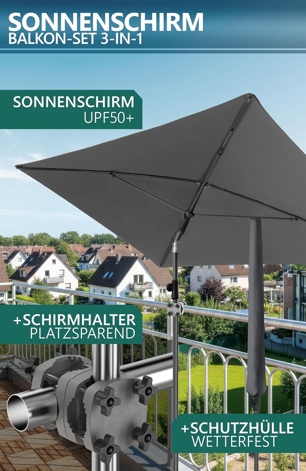 4smile Sonnenschirm Balkon SunnyShade 3-in-1 SET in Anthrazit - UPF 50+ Sonnenschirm rechteckig 200