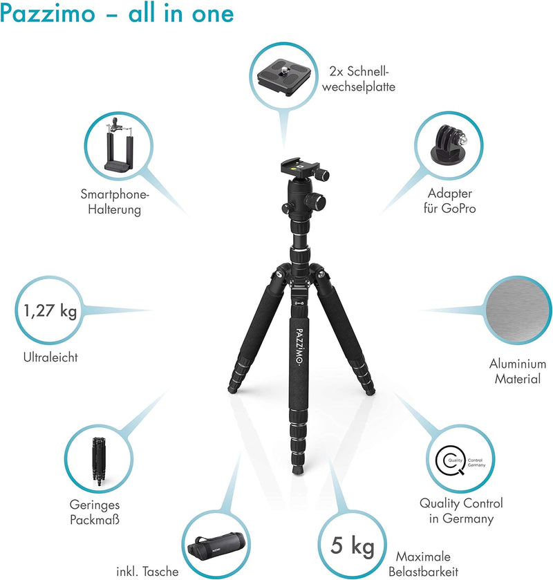 Kamera Stativ für Spiegelreflexkamera (DSLR-Tripod mit Zubehör, 1530g leicht, 3-Wege Kugelkopf, inkl