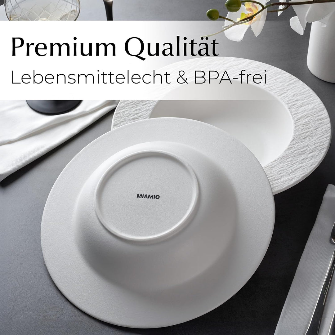 MIAMIO - Suppenteller Set/Pastateller, Keramik (650ml) - Oasis (Weiss) | Keramik Suppenteller Set, 4