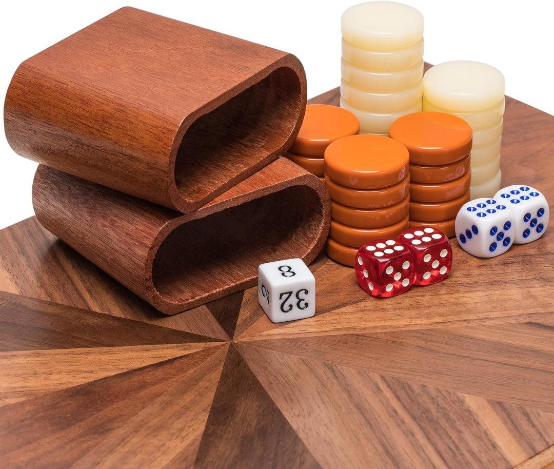Yellow Mountain Imports Backgammon-Spiel-Set mit Holzeinlagen - Cascadia - mit Acryl-Spielsteinen &
