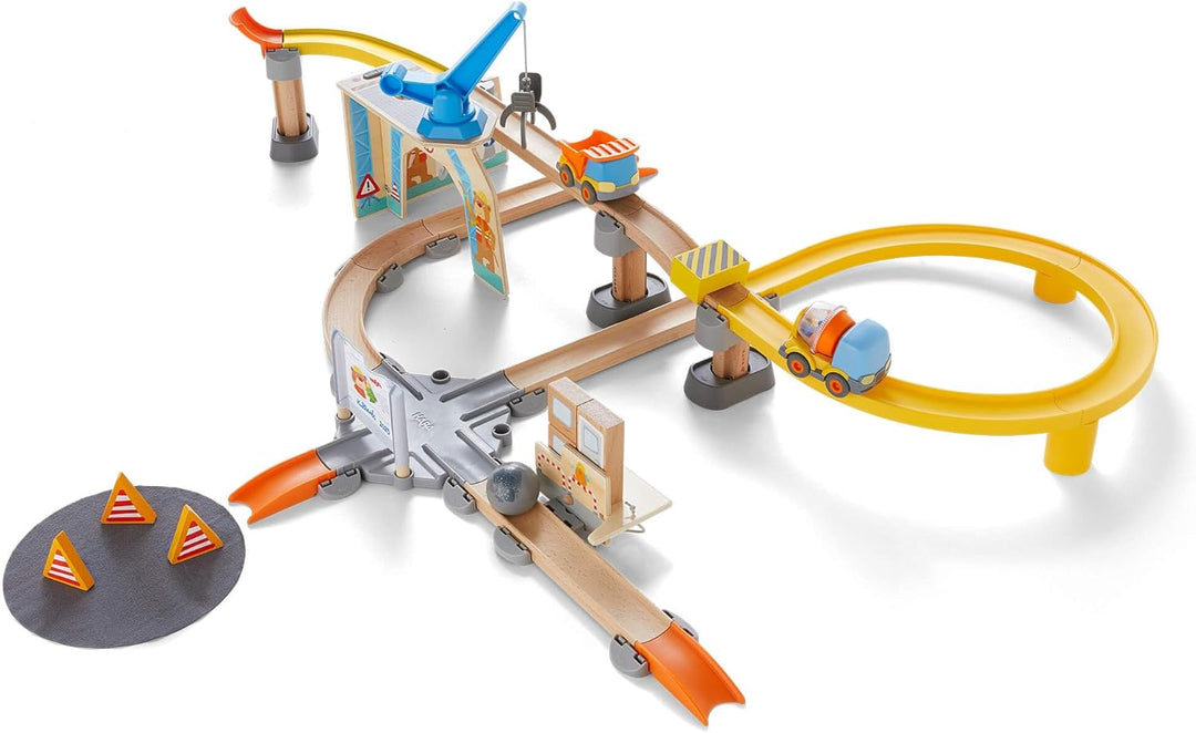 HABA Kullerbü Spielbahn Grosse Baustelle - Bunte Holz-Kugelbahn mit Fahrzeugen - Erweiterbares Klick