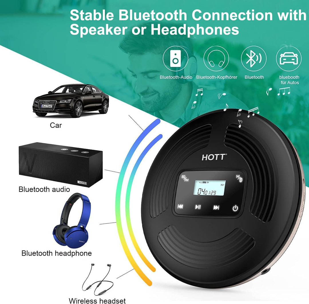 Wiederaufladbarer Bluetooth CD Player tragbar,CCHKFEI persönlicher kompakter tragbarer CD-Player mit