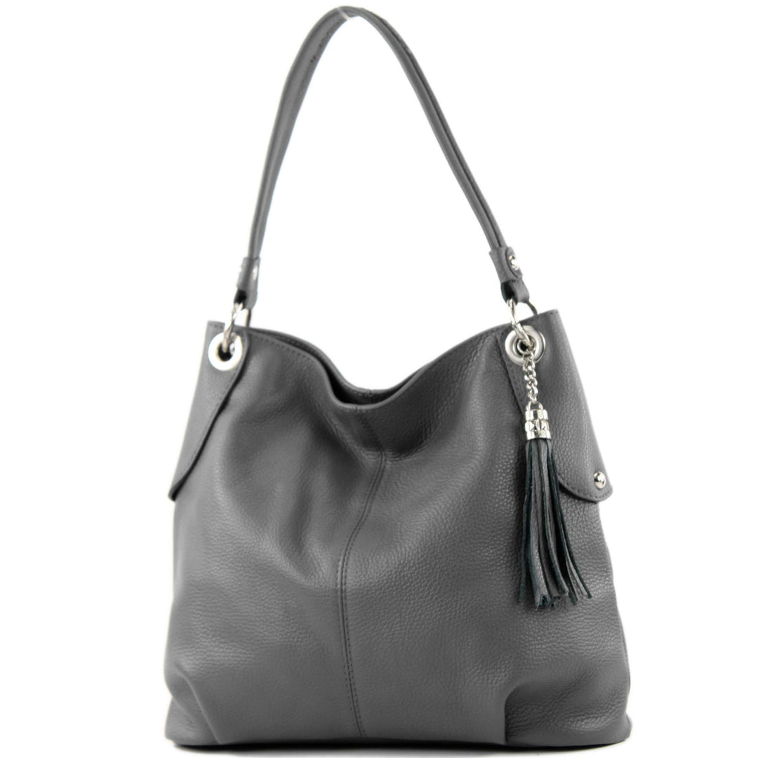 modamoda de - T185 - ital. Damen Schultertasche aus Leder Graphitgrau, Graphitgrau