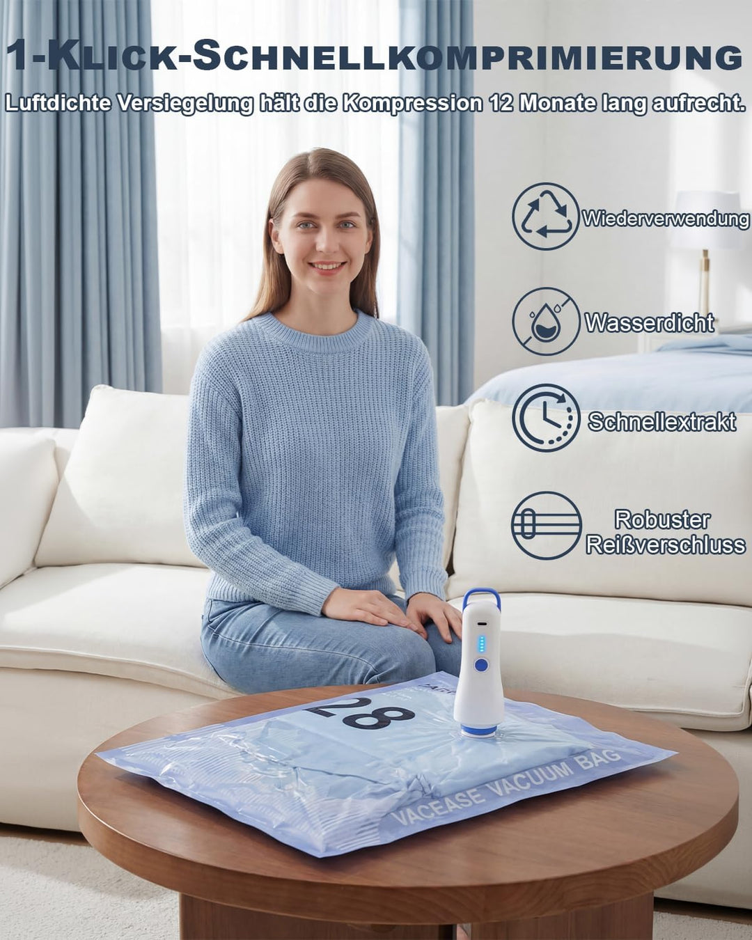 Vakuumbeutel für Kleidung mit Elektrischer Pumpe, 8er-Set Vakuumbeutel (4 * 100x80cm, 4 * 74x54cm),