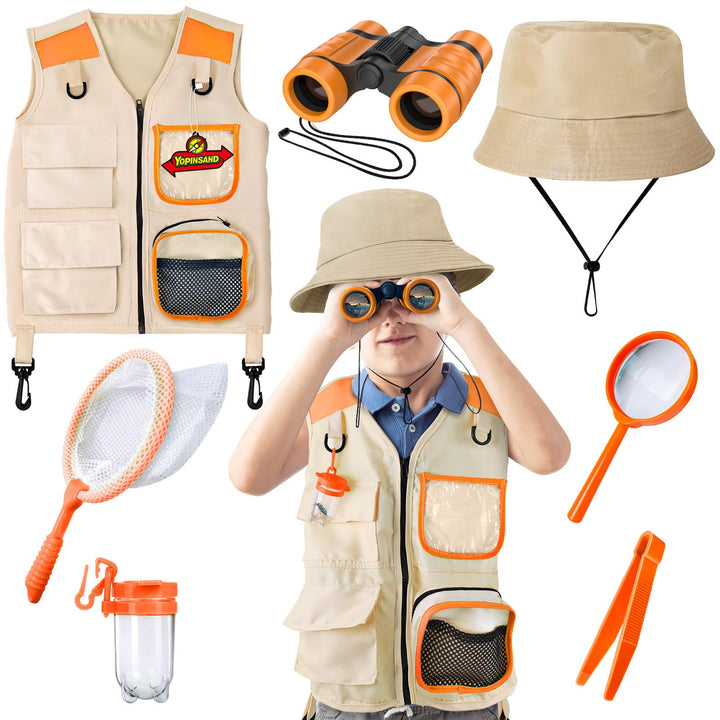 Forscherset für Kinder, Exploration Spielzeug mit Weste, Hut und Kindern Fernglas, Kindern Campingau