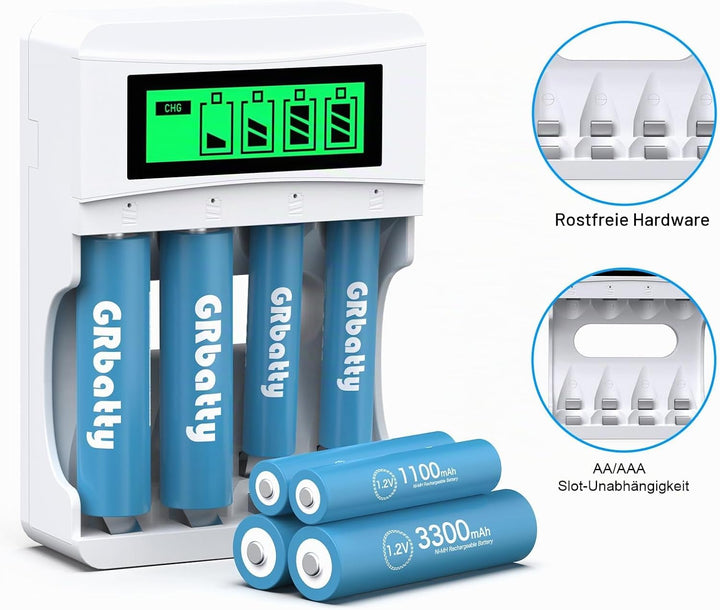 1.2V NiMh Wiederaufladbare AA Akku 3300mAh (4 Stück) AAA Akkus 1100mAh (4 Stück) Mit Ladegerät für N