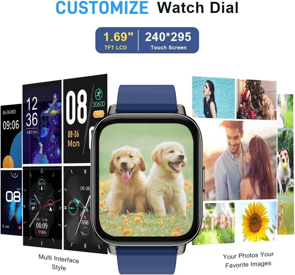 Smartwatch, Fitnessuhr 1.69” Voll Touch Smart Watch Fitness Tracker Schrittzähler Pulsuhr, IP68 Wass