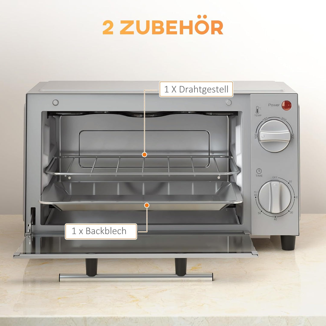 HOMCOM Mini Backofen 9 L 750W 100-230℃ 60 Min. Timer inkl. Backblech, Grillrost, Glas Fenster, Platz