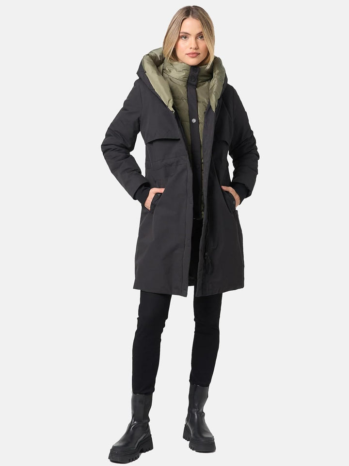 Navahoo Damen Mantel Lange warme Winter Steppjacke mit Kapuze und magnetischen Elementen Snowelf XS-