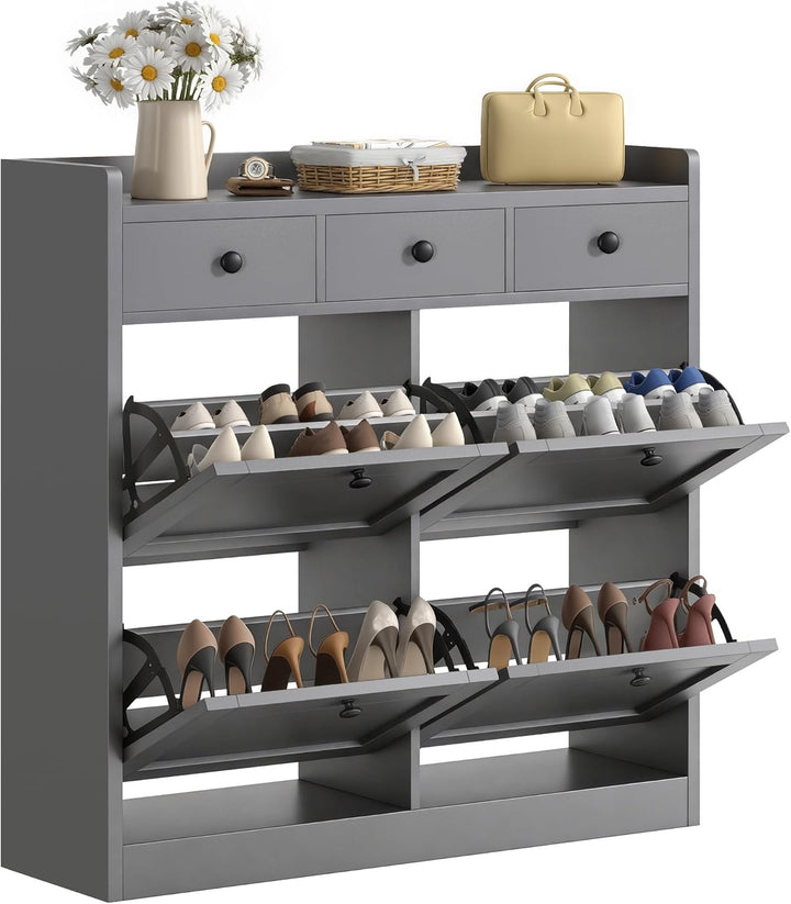 YITAHOME Schuhschrank mit 4 Klappen, Schuhregal Schuhkipper Schmal, Schuhregal mit 8 Ablageflächen V