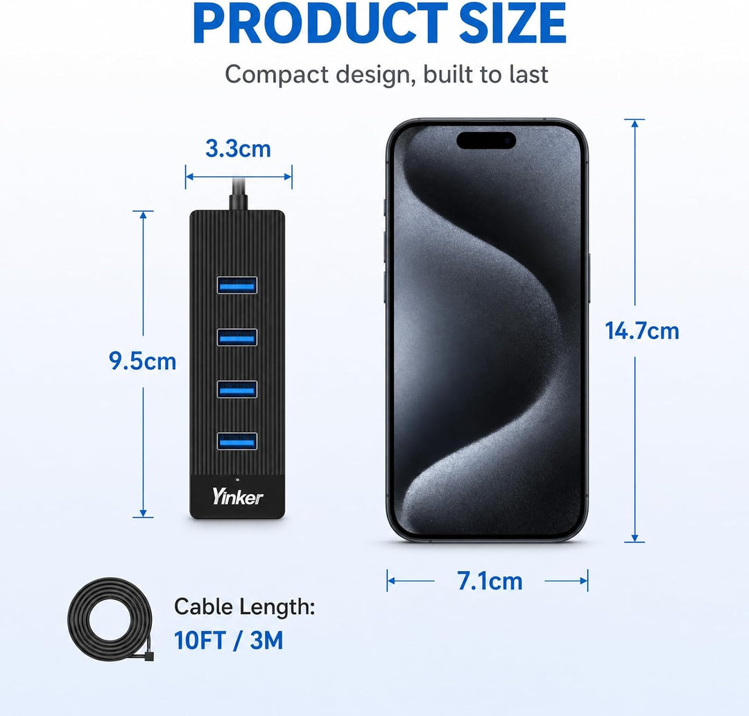 3m USB 3.0 Hub 4 Port 5Gbps Geschwindigkeit & 5V USB-C Stromversorgung – USB Hub Splitter für Büro,