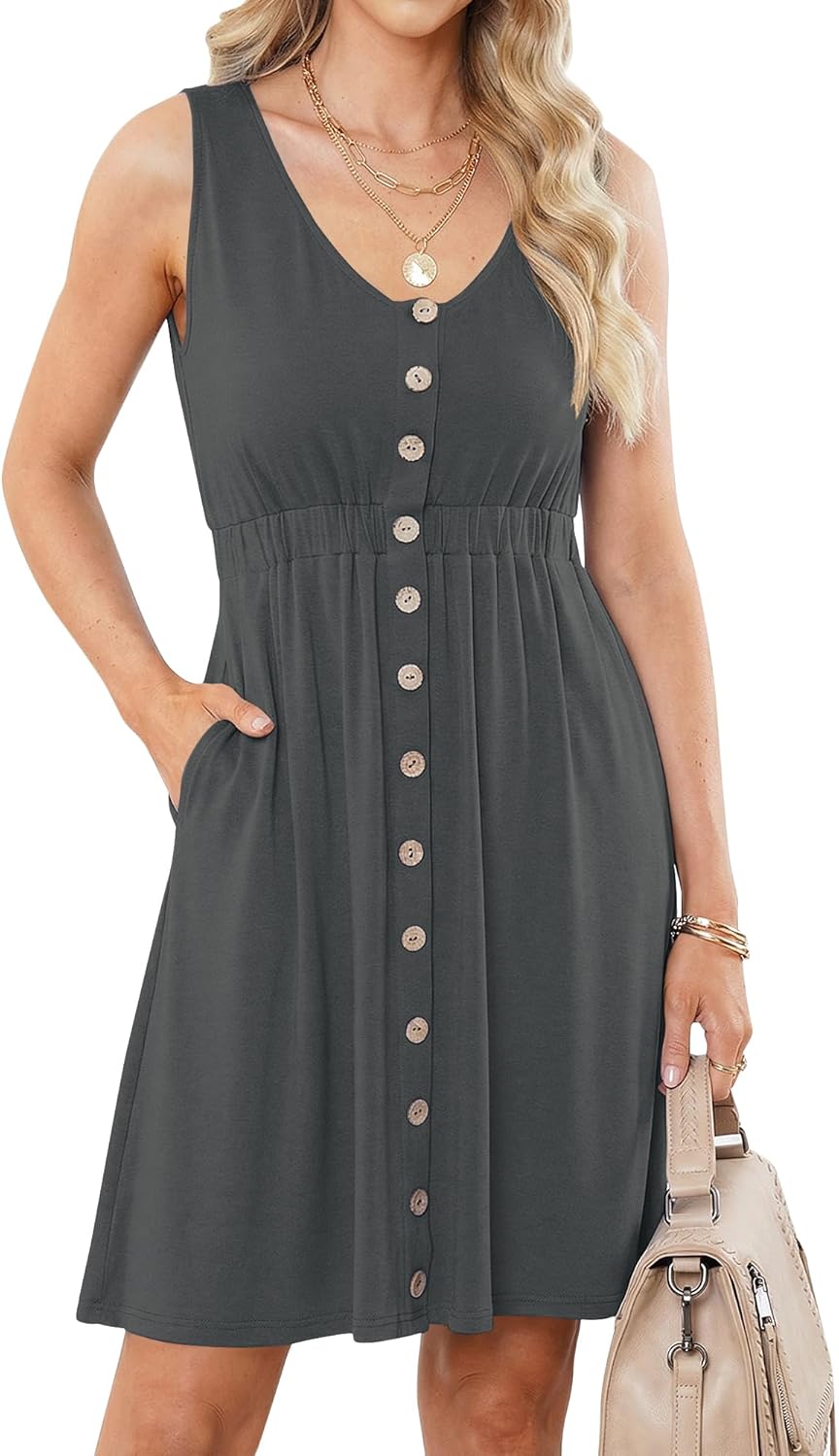AUSELILY Sommerkleid Damen Ärmellos V-Ausschnitt Minikeid Casual Button Down Strandkleid mit Taschen