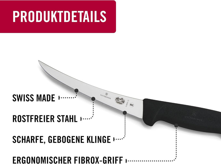 Victorinox Fibrox Ausbeinmesser, Scharfes Küchenmesser für Fleisch und Geflügel, 15 cm, Gebogene Kli
