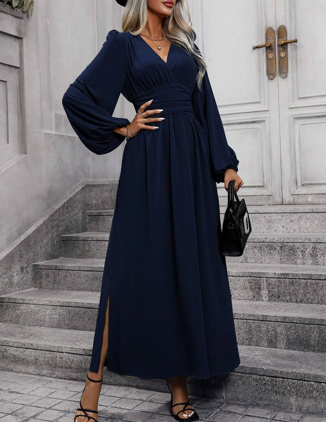 Damen Kleid 2.0 Elegant Langarm V-Ausschnit Tunika Maxikleider Casual Hohe Taille Saumschlitz Cockta