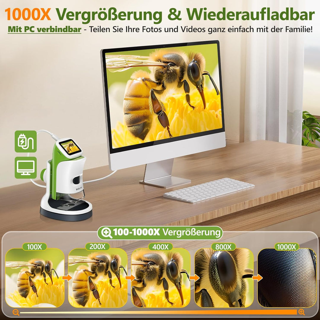 Mini-Handmikroskop für Kinder mit Ständer, 5,1 cm (2 Zoll), 4K-Bildschirm, 1000-fache digitale Tasch