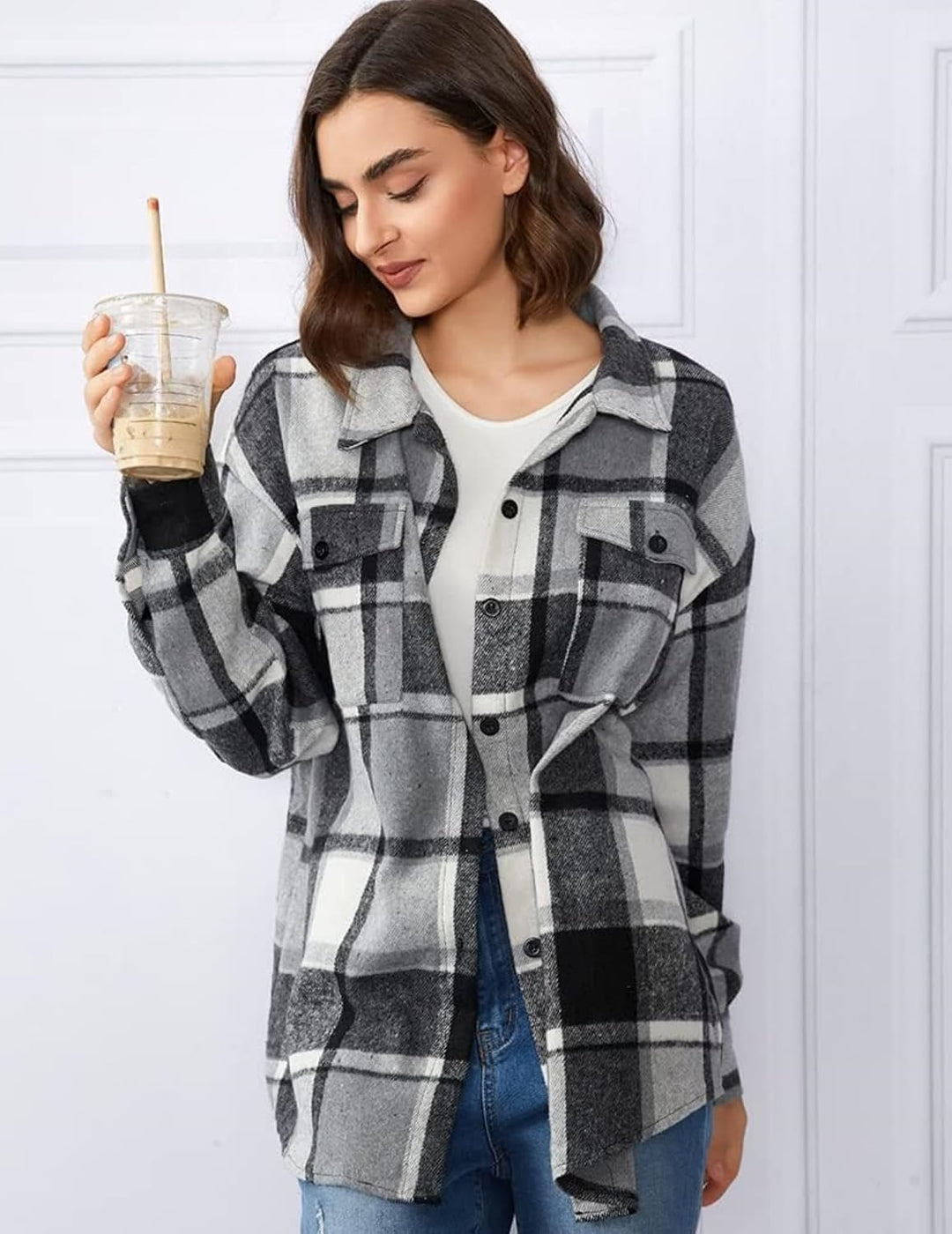 Zeagoo Damen Hemdjacke Karierte Flanellhemd Langarm Loose Shacket Flanell Bluse Jacke mit Knöpfen Üb