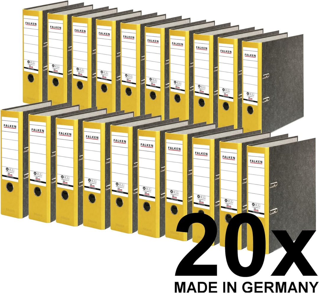 Original Falken 20er Pack Recycling-Ordner Wolkenmarmor. Made in Germany. 8 cm breit DIN A4 gelber R