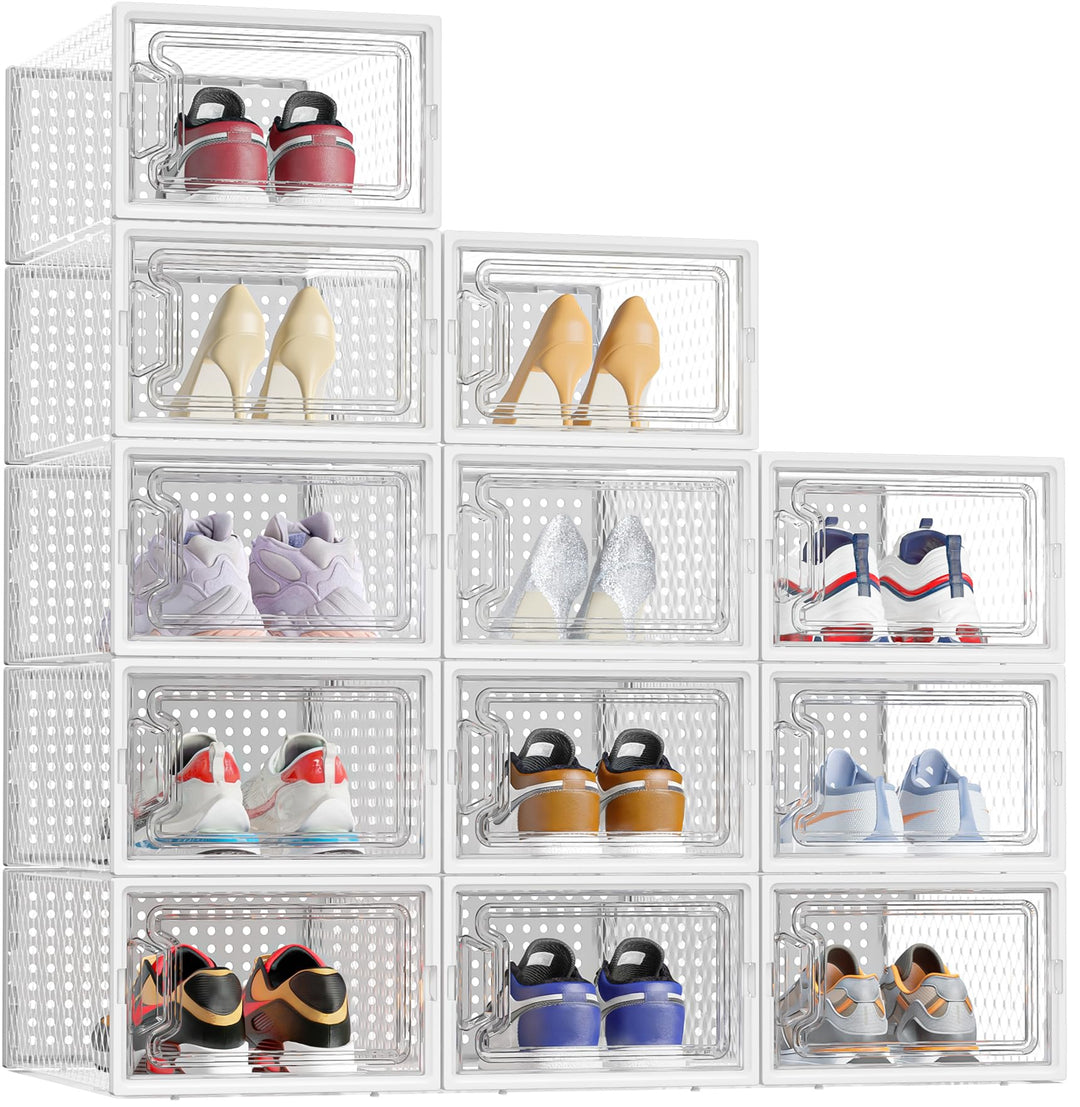HOMIDEC Schuhboxen, 12er Set Schuhboxen Stapelbar Transparent, Faltbar Schuhorganizer Schuhaufbewahr