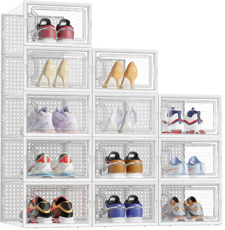 HOMIDEC Schuhboxen, 12er Set Schuhboxen Stapelbar Transparent, Faltbar Schuhorganizer Schuhaufbewahr