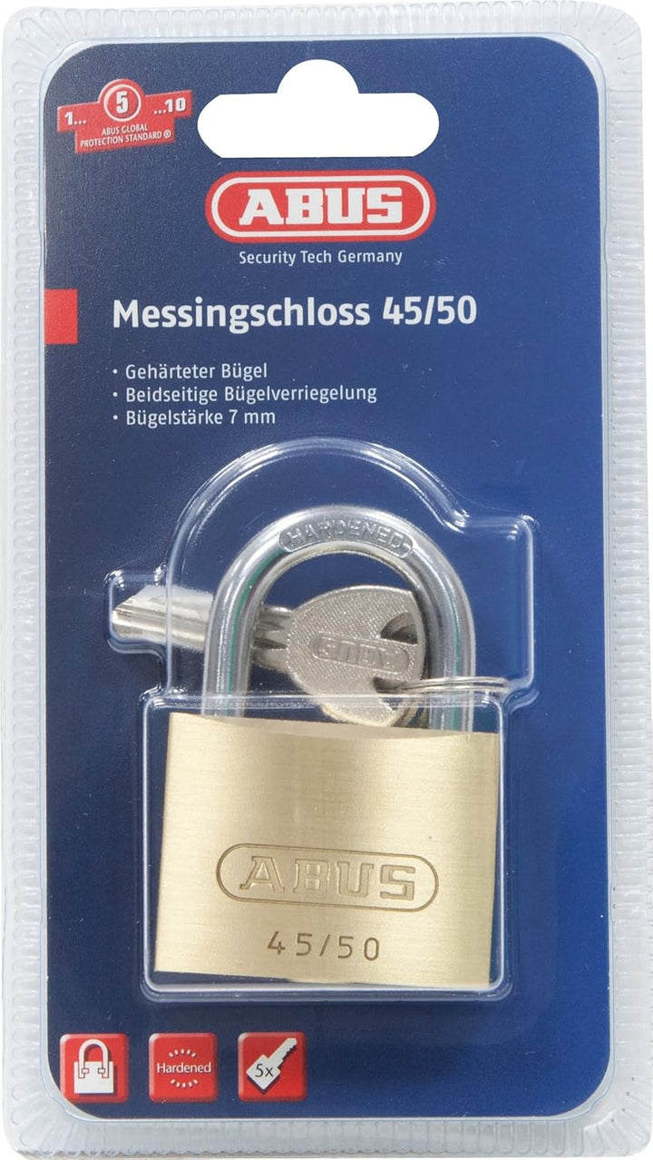 ABUS Vorhängeschloss 45/50 aus Messing - inkl. 5 Schlüssel - mit Präzisions-Stiftzylinder mit Pilzko