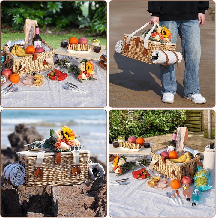 Picknickkorb-Set mit Mini-Klapptisch und Besteck-Set, Picknickkorb für 2 Personen mit kühltaschen, F