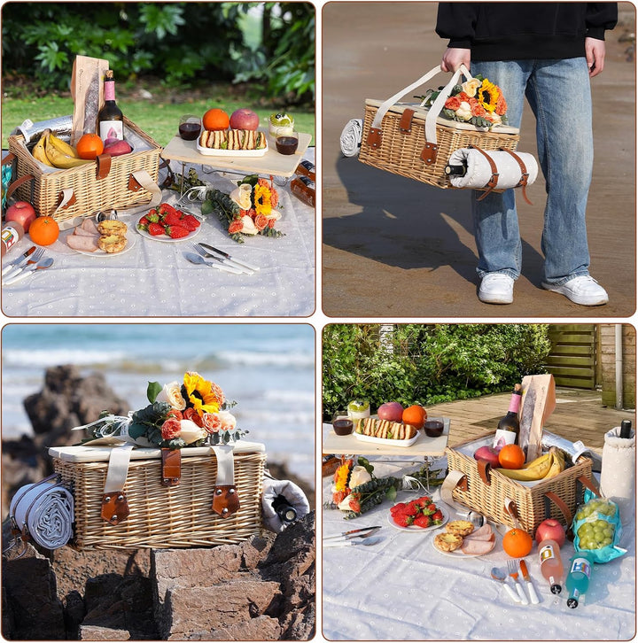 Picknickkorb-Set mit Mini-Klapptisch und Besteck-Set, Picknickkorb für 4 Personen mit kühltaschen, F